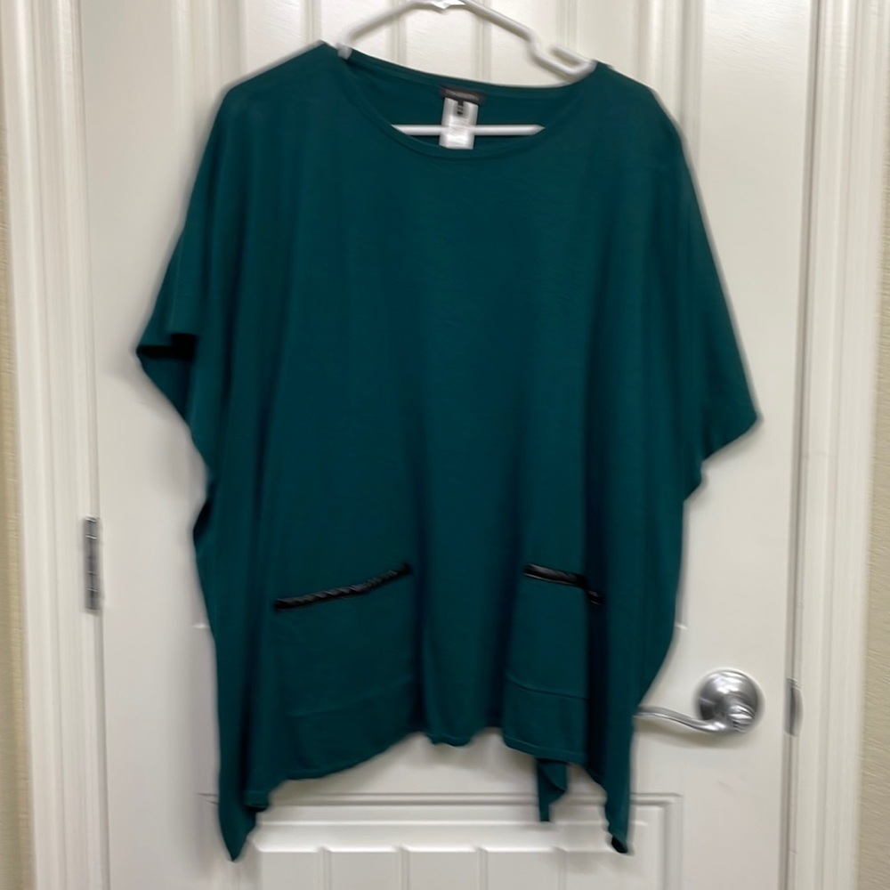 Talbots Forest Green Faux Leather‎ Trim Poncho Sweater